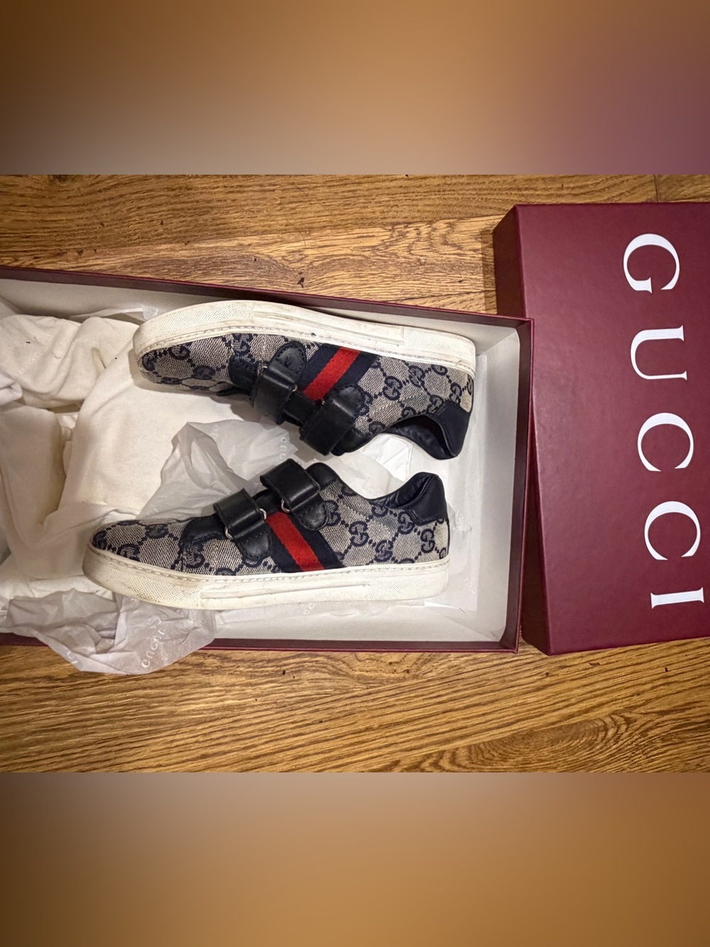 Authentic Gucci Kids GG Canvas Sneakers with Red and Navy Web Stripe